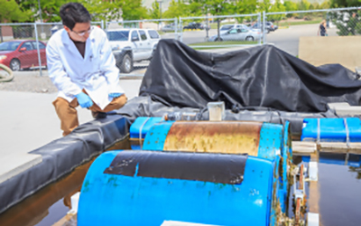 Researcher looking at water processing equipment