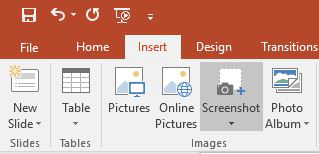 Insert screenshot button selected on insert ribbon