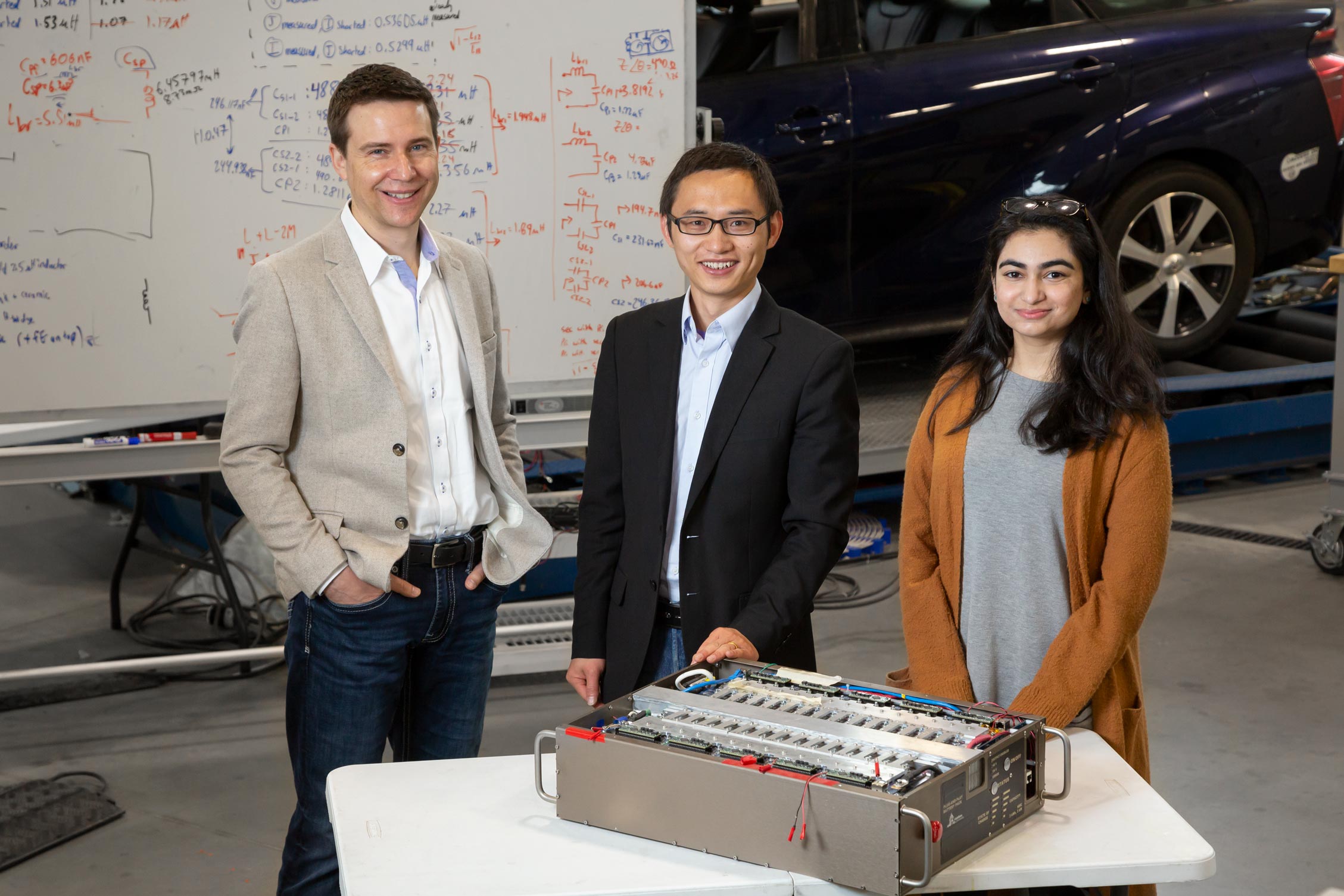 This technology is the result of work by USU researchers Dr. Hongjie Wang (center); Dr. Regan Zane; and electrical engineering doctoral students Marium Rasheed and Mohamed Kamel (not pictured).
