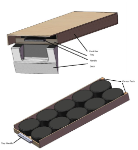 Diagrams of the hockey puck cargo compartment. The top diagram shows the box that attaches to the fuselage, and the bottom diagram shows the tray that holds the pucks.