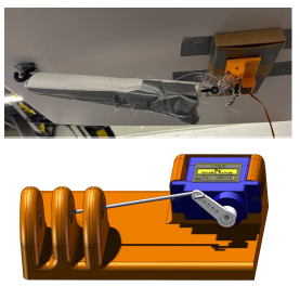 Picture and diagram of the banner release mechanism showing the banner attached to the system with labeled components.